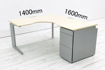 オカムラ L型デスク L字デスク 1400mm×1600ｍｍ Ｌ字机 片袖机 中古デスク 3段ワゴン付 片袖デスク オフィスデスク ワゴン付 右ワゴン画像