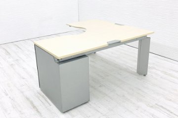 オカムラ L型デスク L字デスク 1400mm×1600ｍｍ Ｌ字机 片袖机 中古デスク 3段ワゴン付 片袖デスク オフィスデスク ワゴン付 右ワゴン画像