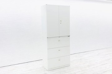 オカムラ SAデュオライン 【3段ラテラル＋両開き】 上下セット キャビネット ラテラル書庫 収納家具 中古オフィス家具 ホワイト画像