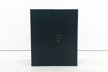 オカムラ レクトライン キャビネット 900×450×1100mm 中古書庫 両開き書庫 スチール書庫 中古オフィス家具 4B313F ZH25 ブラック画像