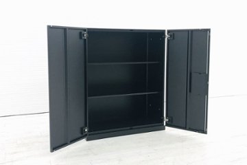 オカムラ レクトライン キャビネット 900×450×1100mm 中古書庫 両開き書庫 スチール書庫 中古オフィス家具 4B313F ZH25 ブラック画像