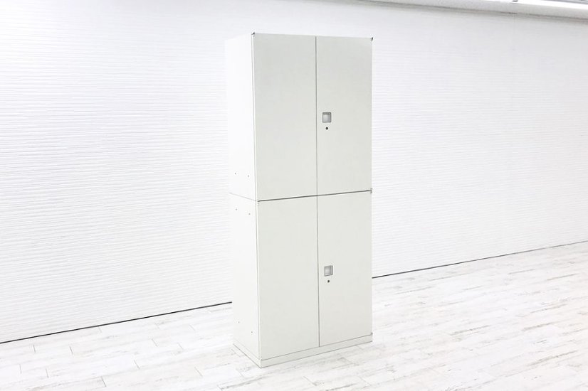 オカムラ レクトライン 中古キャビネット 900×450×2150㎜ 【両開き2台セット】 収納家具 中古オフィス家具 ホワイト画像