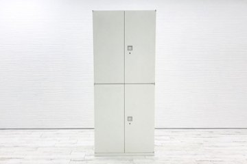 オカムラ レクトライン 中古キャビネット 900×450×2150㎜ 【両開き2台セット】 収納家具 中古オフィス家具 ホワイト画像