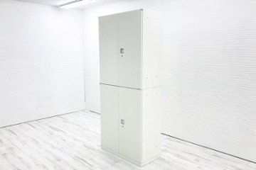 オカムラ レクトライン 中古キャビネット 900×450×2150㎜ 【両開き2台セット】 収納家具 中古オフィス家具 ホワイト画像