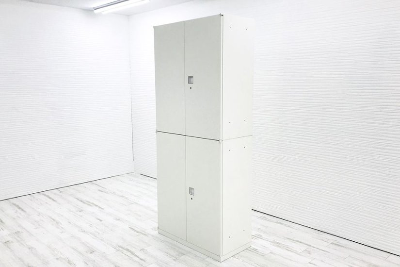 オカムラ レクトライン 中古キャビネット 900×450×2150㎜ 【両開き2台セット】 収納家具 中古オフィス家具 ホワイト画像