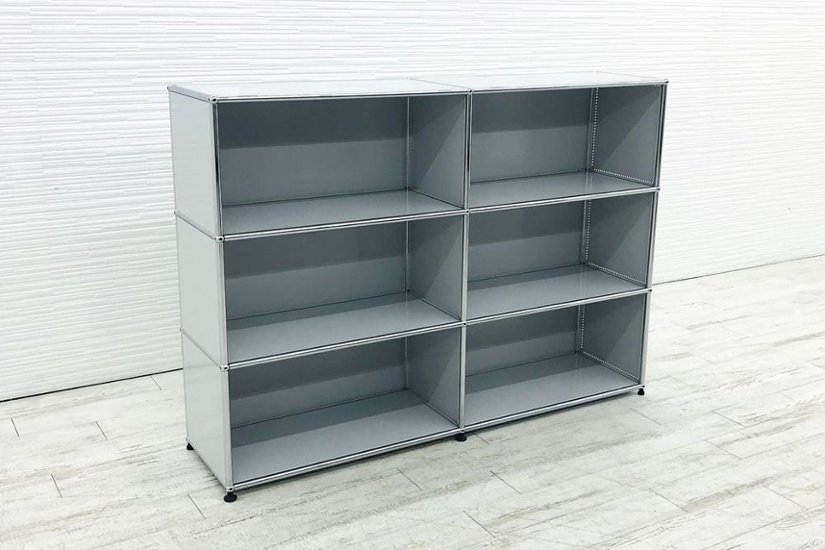 USMハラー 中古 ハラーシステム オープン書庫 シェルフ USM Haller キャビネット 2連3段 中古オフィス家具 ライトグレー 右パンチングパネル画像