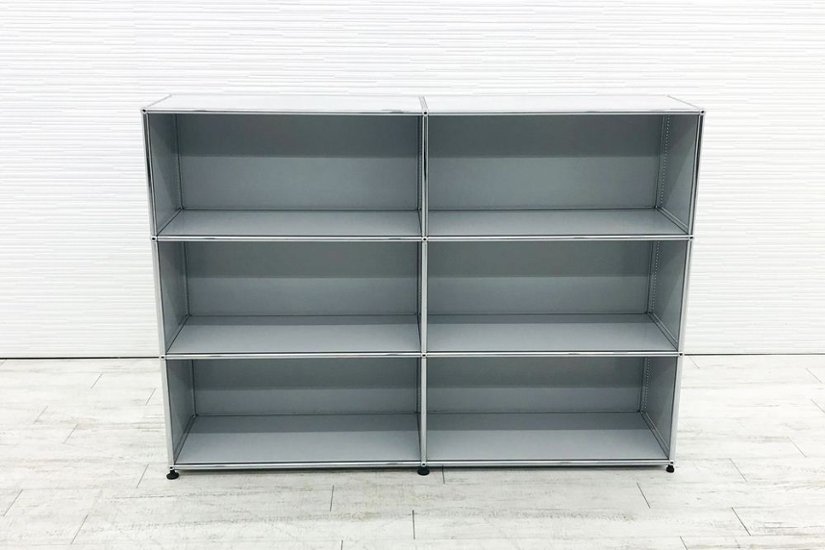 USMハラー 中古 ハラーシステム オープン書庫 シェルフ USM Haller キャビネット 2連3段 中古オフィス家具 ライトグレー 右パンチングパネル画像