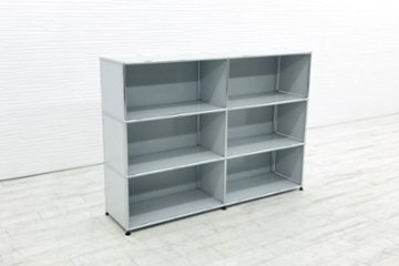 USMハラー 中古 ハラーシステム オープン書庫 シェルフ USM Haller キャビネット 2連3段 中古オフィス家具 ライトグレー 両側パンチングパネル画像