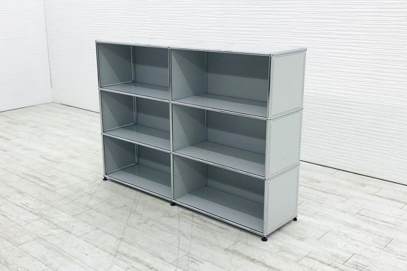 USMハラー 中古 ハラーシステム オープン書庫 シェルフ USM Haller キャビネット 2連3段 中古オフィス家具 ライトグレー 両側パンチングパネル画像