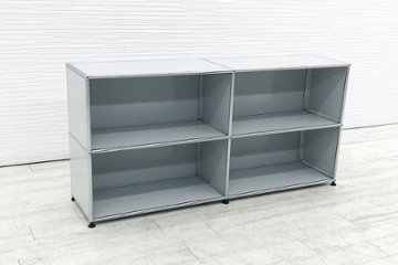 USMハラー 中古 2連2段 ハラーシステム USM Haller オープン書庫 キャビネット 中古オフィス家具 ライトグレー 右パンチングパネルの画像