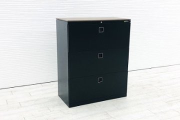  オカムラ レクトライン キャビネット スチール 3段ラテラル書庫 3段ラテラル 中古中古オフィス家具 4BG3ZC-ZH25 ブラック 木目天板付の画像