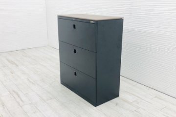  オカムラ レクトライン キャビネット スチール 3段ラテラル書庫 3段ラテラル 中古中古オフィス家具 4BG3ZC-ZH25 ブラック 木目天板付画像