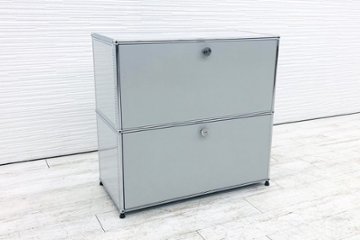 USMハラー 中古 ハラーシステム 2段キャビネット USM Haller ドロップダウン エクステンション 中古オフィス家具 ライトグレー 770/375/745 鍵付き 両側パンチングパネル画像