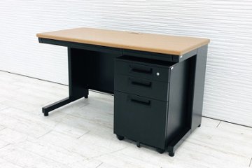 プラス 【デスク+ワゴンセット】 中古 平机 片袖机 中古オフィス家具 1200/600/700 ワゴン/ブラックの画像