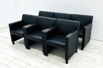 オカムラ ミーティングチェア 【6脚セット】 多目的チェア 中古オフィス家具 応接椅子 ソファ キャスター付 ブラックの画像