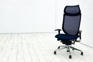 オカムラ バロンチェア 中古 Baron エクストラハイバック 可動肘 中古オフィス家具 固定ヘッドレスト ポリッシュフレーム ダークブルーの画像