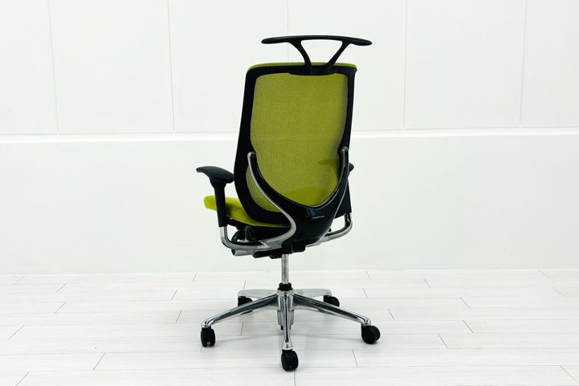 【ポリッシュ脚ピカピカ磨き有！】オカムラ ゼファーチェア 中古 中古オフィス家具 Zephyr 座クッション 背メッシュ 可動肘 グリーン画像