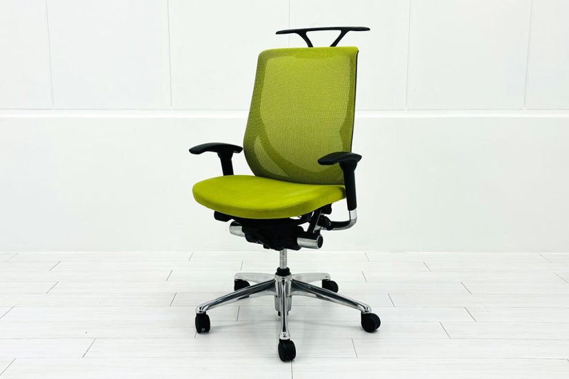 【ポリッシュ脚ピカピカ磨き有！】オカムラ ゼファーチェア 中古 中古オフィス家具 Zephyr 座クッション 背メッシュ 可動肘 グリーン画像