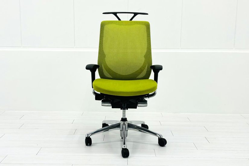 【ポリッシュ脚ピカピカ磨き有！】オカムラ ゼファーチェア 中古 中古オフィス家具 Zephyr 座クッション 背メッシュ 可動肘 グリーン画像