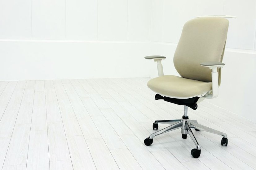 【ポリッシュ脚ピカピカ磨き有！】オカムラ シルフィーチェア 中古 2021年製 ハイバック 可動肘 OKAMURA Sylphy クッション 中古オフィス家具 ベージュ画像