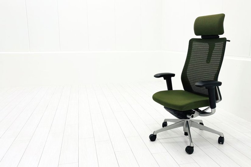 オカムラ コーラルチェア 中古 コーラル エクストラハイバック メッシュ 可動肘 ヘッドレスト付 中古オフィス家具 ダークグリーン画像