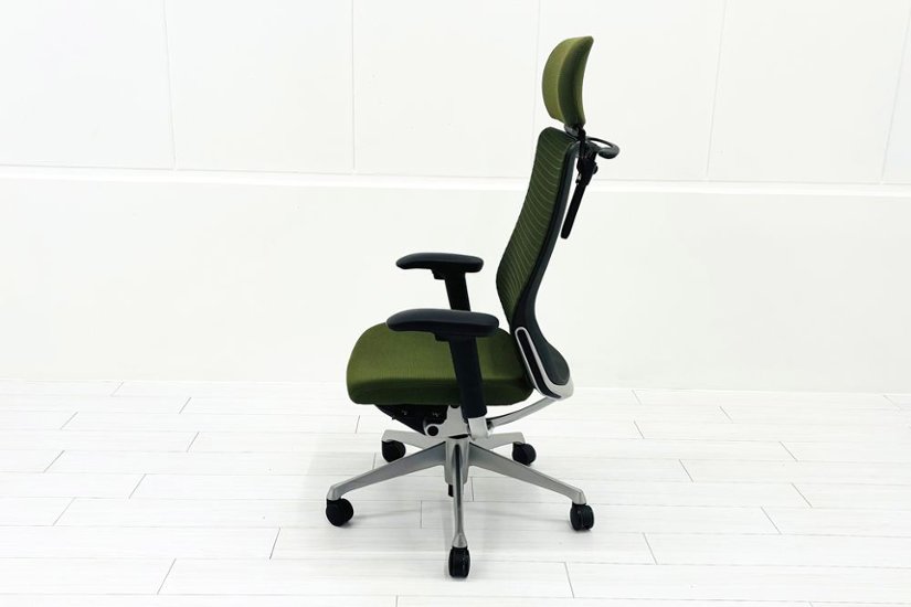 オカムラ コーラルチェア 中古 コーラル エクストラハイバック メッシュ 可動肘 ヘッドレスト付 中古オフィス家具 ダークグリーン画像