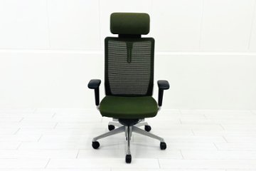 オカムラ コーラルチェア 中古 コーラル エクストラハイバック メッシュ 可動肘 ヘッドレスト付 中古オフィス家具 ダークグリーン画像