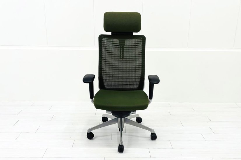 オカムラ コーラルチェア 中古 コーラル エクストラハイバック メッシュ 可動肘 ヘッドレスト付 中古オフィス家具 ダークグリーン画像