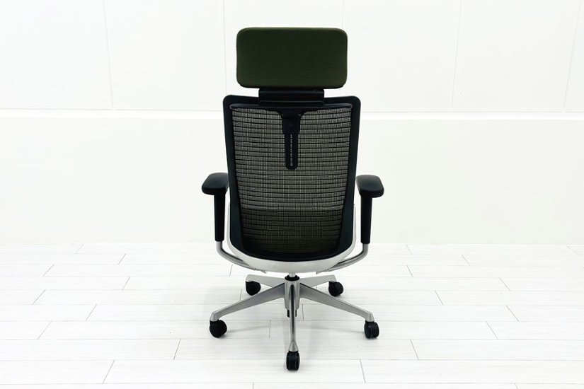 オカムラ コーラルチェア 中古 コーラル エクストラハイバック メッシュ 可動肘 ヘッドレスト付 中古オフィス家具 ダークグリーン画像