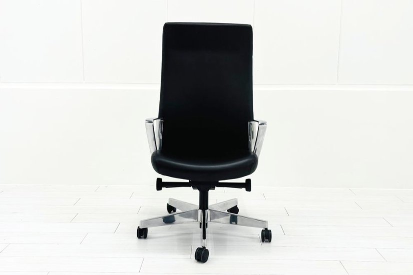 【ポリッシュ脚ピカピカ磨き有！】 ノール Knoll ノル リミックスチェア 中古 2020年製 ハイバック アルミループ肘 アルミミラー脚 ブラック レザー画像