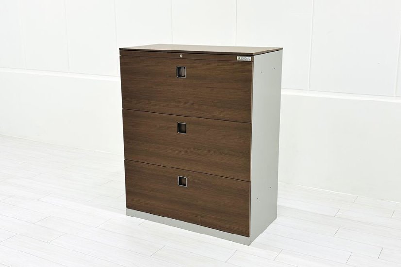 オカムラ レクトライン 3段ラテラル書庫 スチール 中古 キャビネット スチール書庫 中古オフィス家具 ネオウッドダーク シリンダー錠 900/450/1120画像