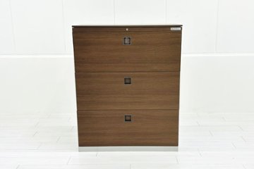 オカムラ レクトライン 3段ラテラル書庫 スチール 中古 キャビネット スチール書庫 中古オフィス家具 ネオウッドダーク シリンダー錠 900/450/1120画像