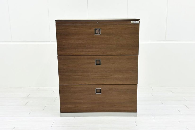 オカムラ レクトライン 3段ラテラル書庫 スチール 中古 キャビネット スチール書庫 中古オフィス家具 ネオウッドダーク シリンダー錠 900/450/1120画像