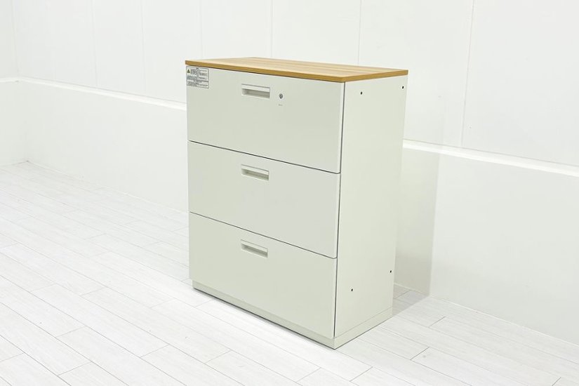 中古キャビネット 3段ラテラル(引き出し)書庫 プラス ホワイト キャビネット 中古オフィス家具 900/450/1125画像