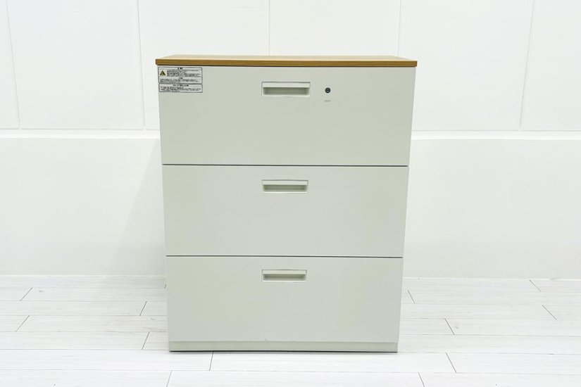 中古キャビネット 3段ラテラル(引き出し)書庫 プラス ホワイト キャビネット 中古オフィス家具 900/450/1125画像