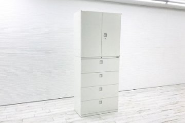 オカムラ レクトライン 中古キャビネット 【4段ラテラル＋2段両開き】上下セット ラテラル書庫 収納家具 中古オフィス家具 ホワイト画像