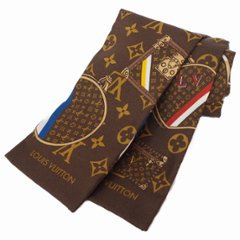 【中古】【非常に良い】 LOUIS VUITTON ルイ・ヴィトン バンドー・モノグラム ツイリー スカーフ ヘアバンド トランク柄 モノグラムロゴ シルク 茶画像