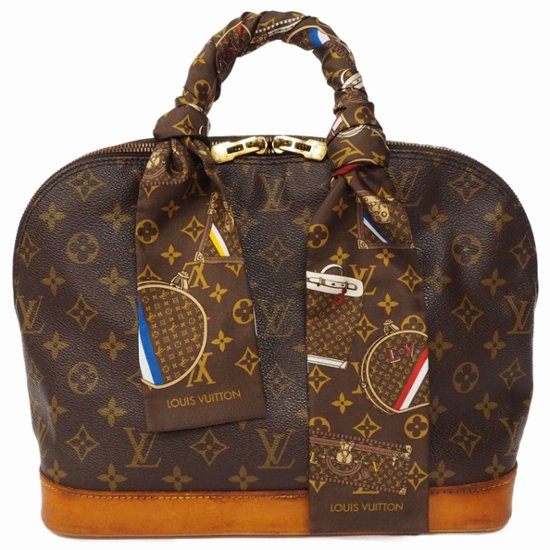 【中古】【非常に良い】 LOUIS VUITTON ルイ・ヴィトン バンドー・モノグラム ツイリー スカーフ ヘアバンド トランク柄 モノグラムロゴ シルク 茶画像