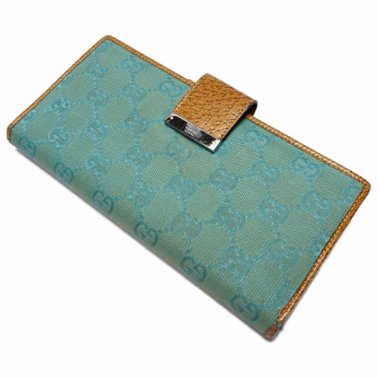 【中古】【良い】 GUCCI グッチ 長財布 二つ折り GGキャンバス ミントグリーン/ブラウン 115093画像